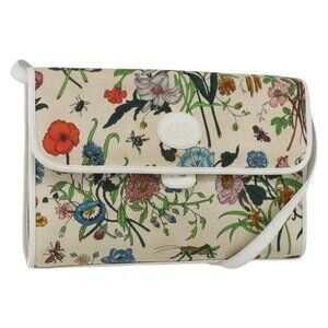 Authentic GUCCI Flora Shoulder Bag Canvas Beige Gold